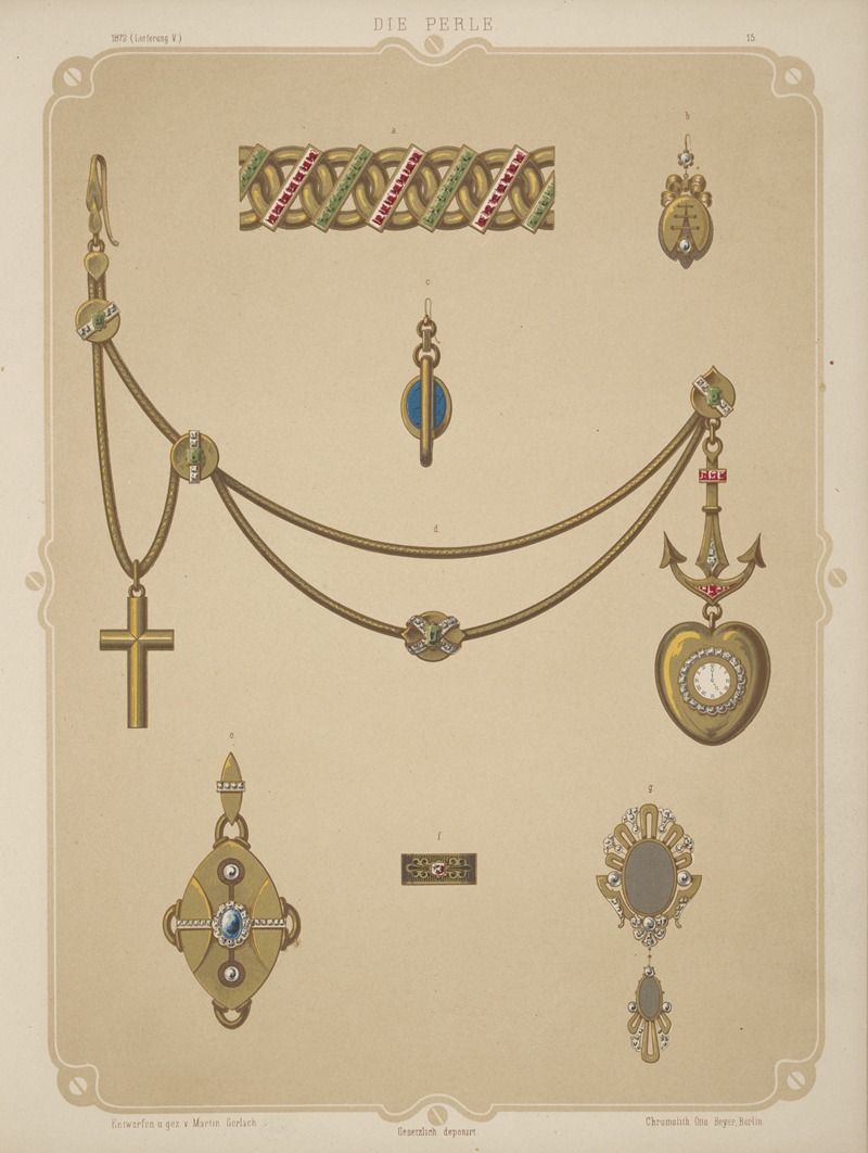 Martin Gerlach - Seven Designs For Jewelry, Including Heart-Shaped Pendant Watch On Gold Anchor With Gold Chain And Cross.