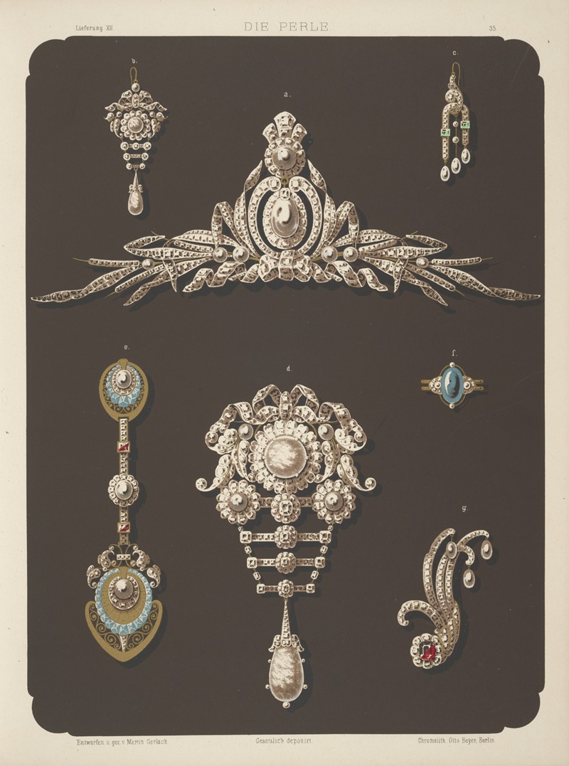 Martin Gerlach - Seven Designs For Jewelry, Including Large Pearl And Diamond Brooch.