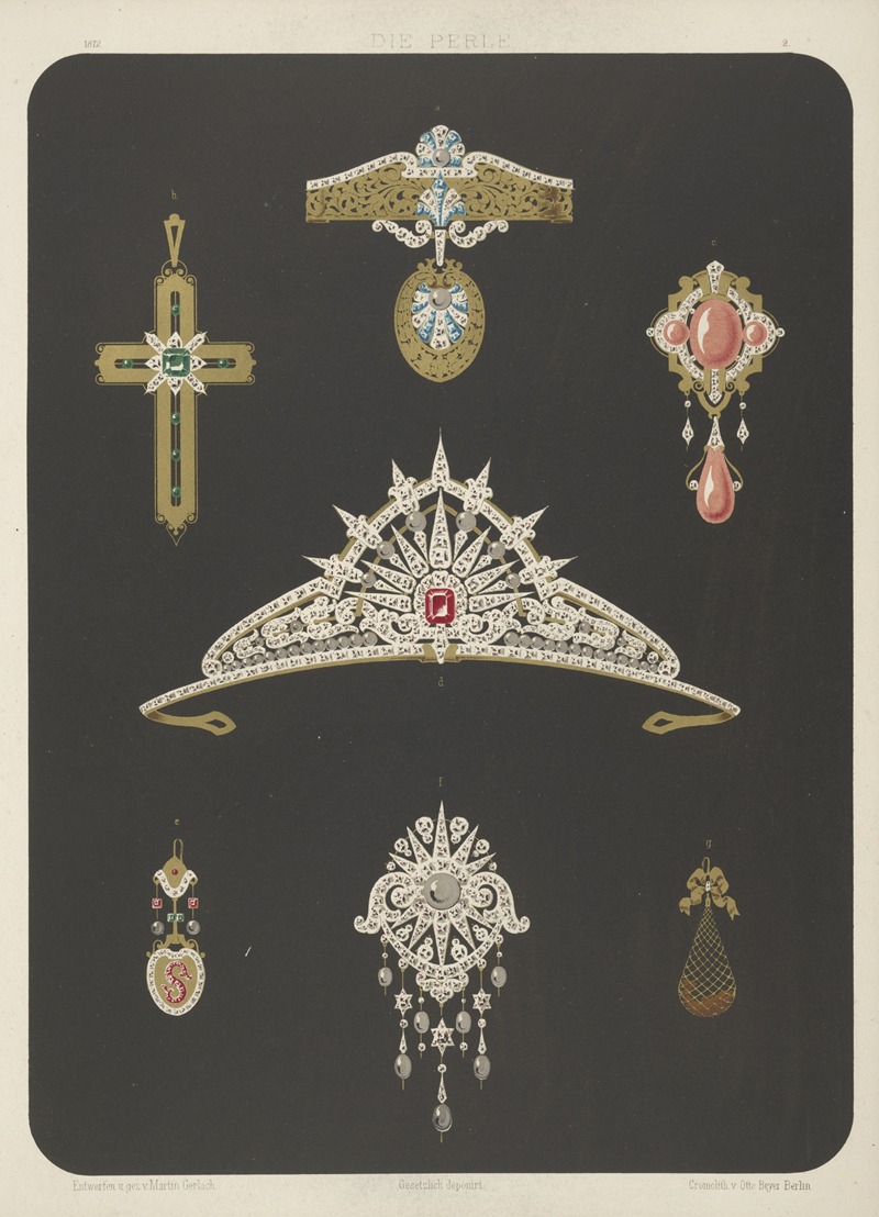 Martin Gerlach - Seven Designs For Jewelry, Including Tiara With Red Stone.