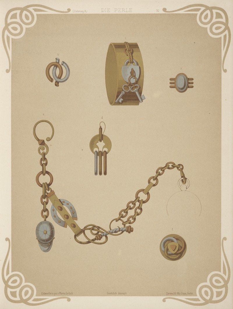 Martin Gerlach - Six Designs For Jewelry, Including Gold Bracelet With Design Of Lock And Two Keys.