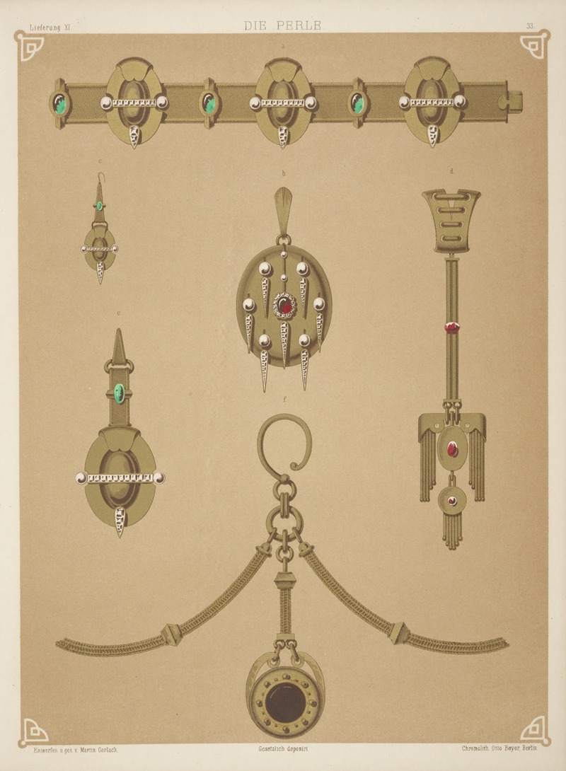 Martin Gerlach - Six Designs For Jewelry, Including Gold Brooch With Central Red Stone, Pearls, And Diamonds.