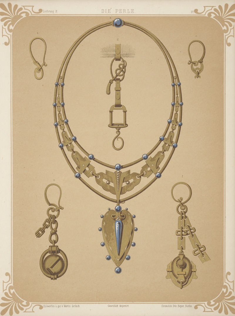 Martin Gerlach - Six Designs For Jewelry, Including Large Necklace With Gold Pendant With Blue Stones.