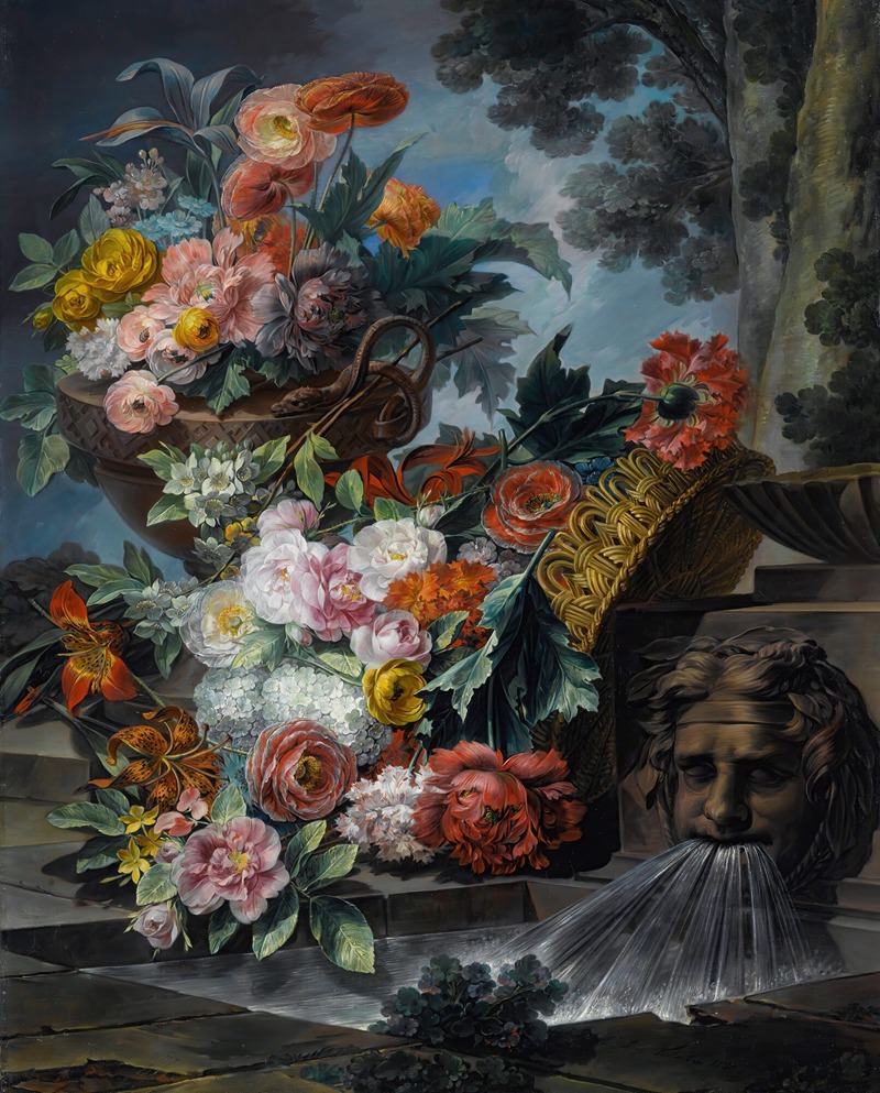 Miguel Parra Abril - An Outdoor Scene With A Pool Of Water, A Basket And An Urn Filled With Carnations, Roses, Peonies, Lilies, Hydrangeas And Other Flowers