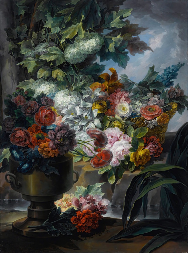 Miguel Parra Abril - An Outdoor Scene With A Fountain, An Urn And A Basket Of Roses, Peonies, Poppies, Hydrangeas And Other Flowers