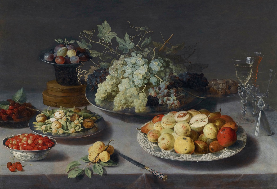 Osias Beert the Elder - Still Life Of Grapes And Other Fruits With A Knife, Façon De Venise Wineglasses And Other Objects On A Draped Table