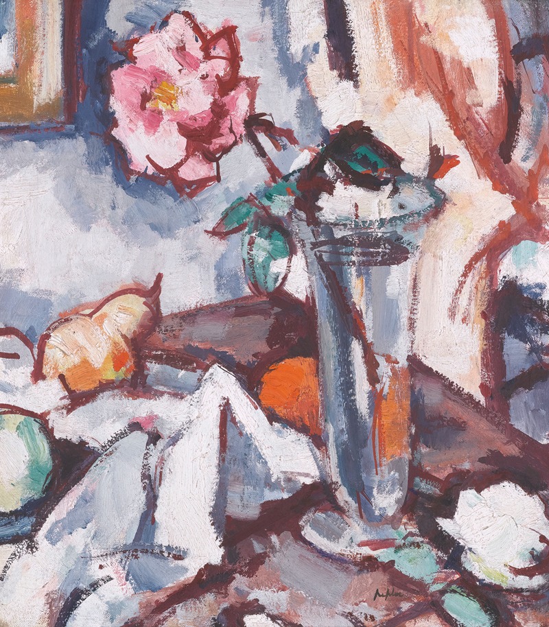 Samuel John Peploe - Pink Rose In Glass Vase With Fruit