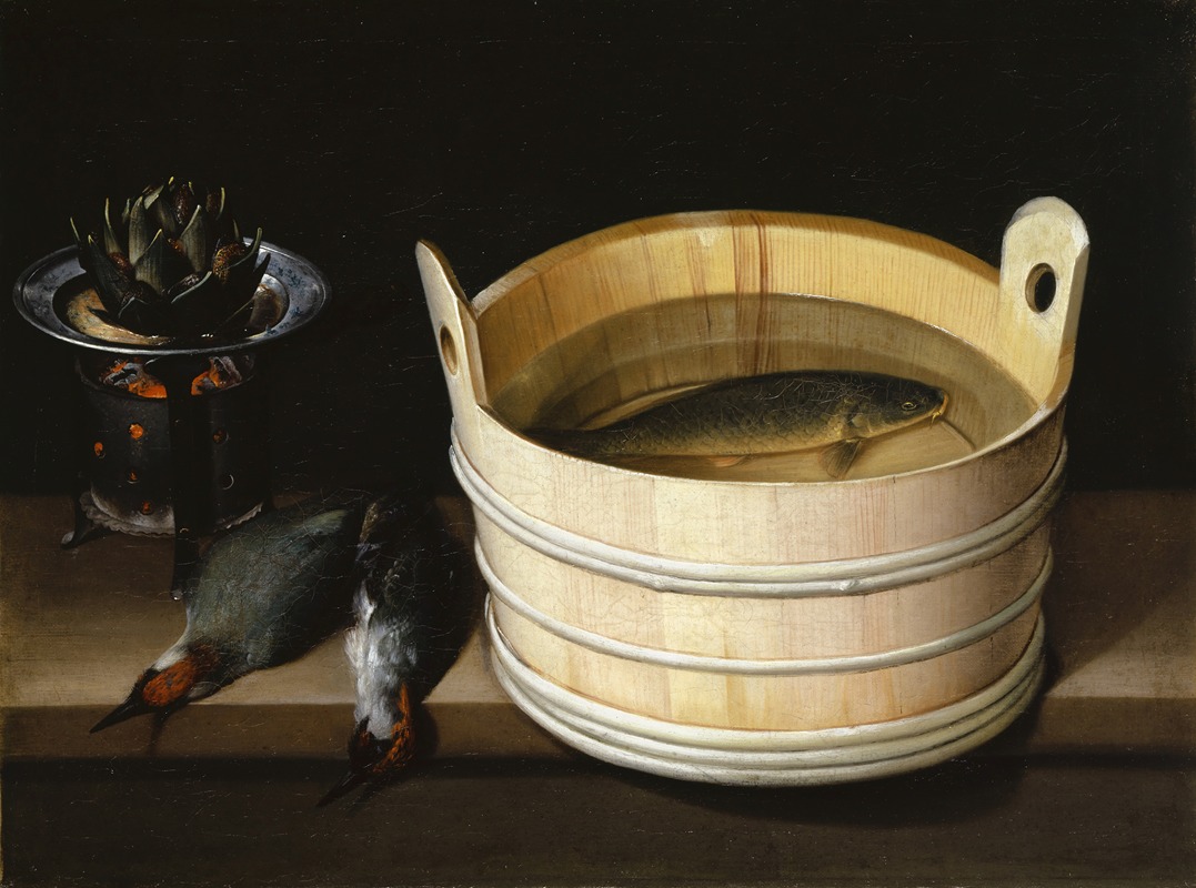 Sebastian Stoskopff - Brazier With Artichoke, Woodpeckers And Watertub With Carp