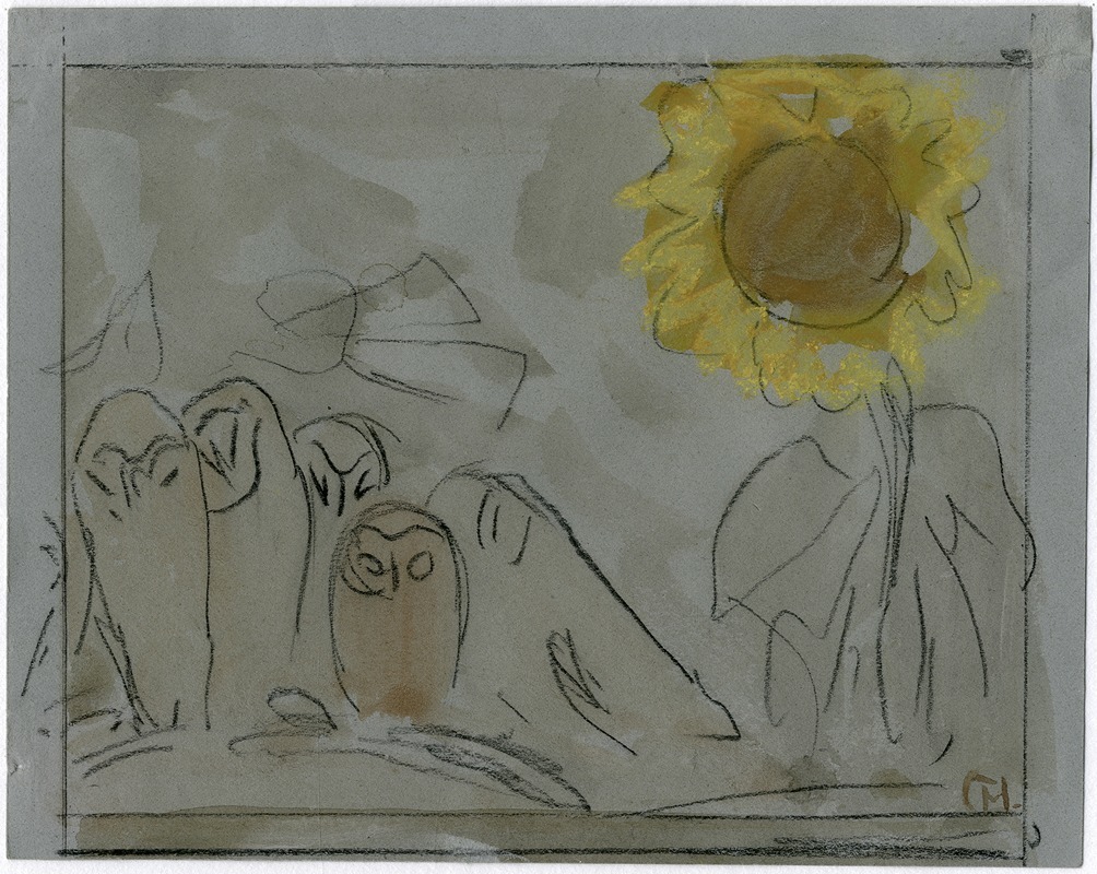 Theo van Hoytema - Enkele uilen naast een zonnebloem