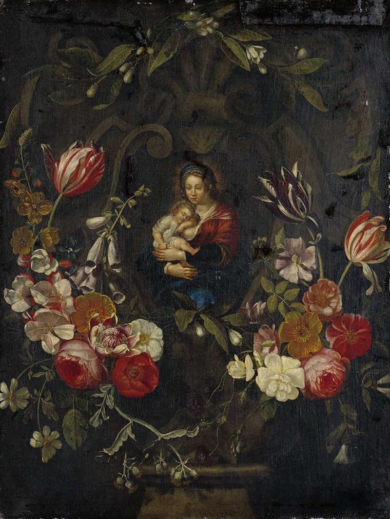 Anonymous - Still Life With Flower Cartouche Encircling A Madonna With Child