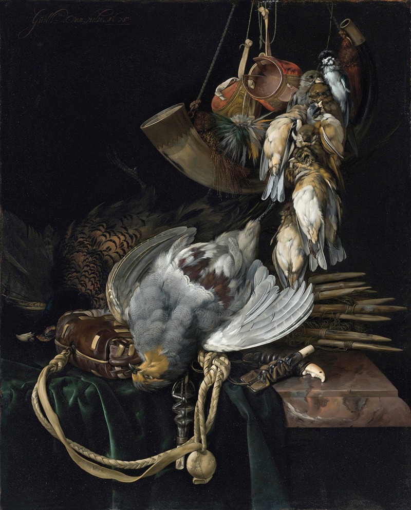 Willem van Aelst - A Partridge, A Pheasant, A Hunting Bag And Traps On A Partially Draped Ledge, Songbirds, A Hunting Horn And Hawking Hoods Hanging Above