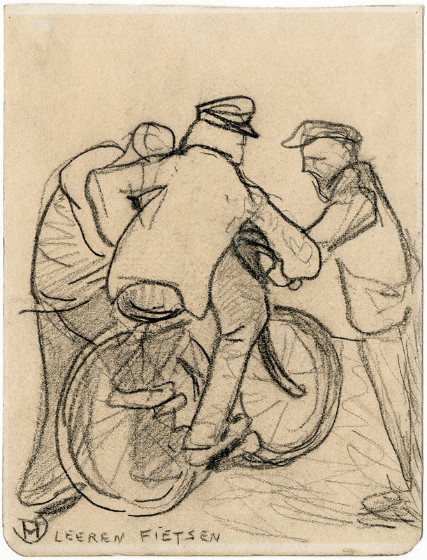 Theo van Hoytema - Leren fietsen, twee figuren helpen een derde op de fiets