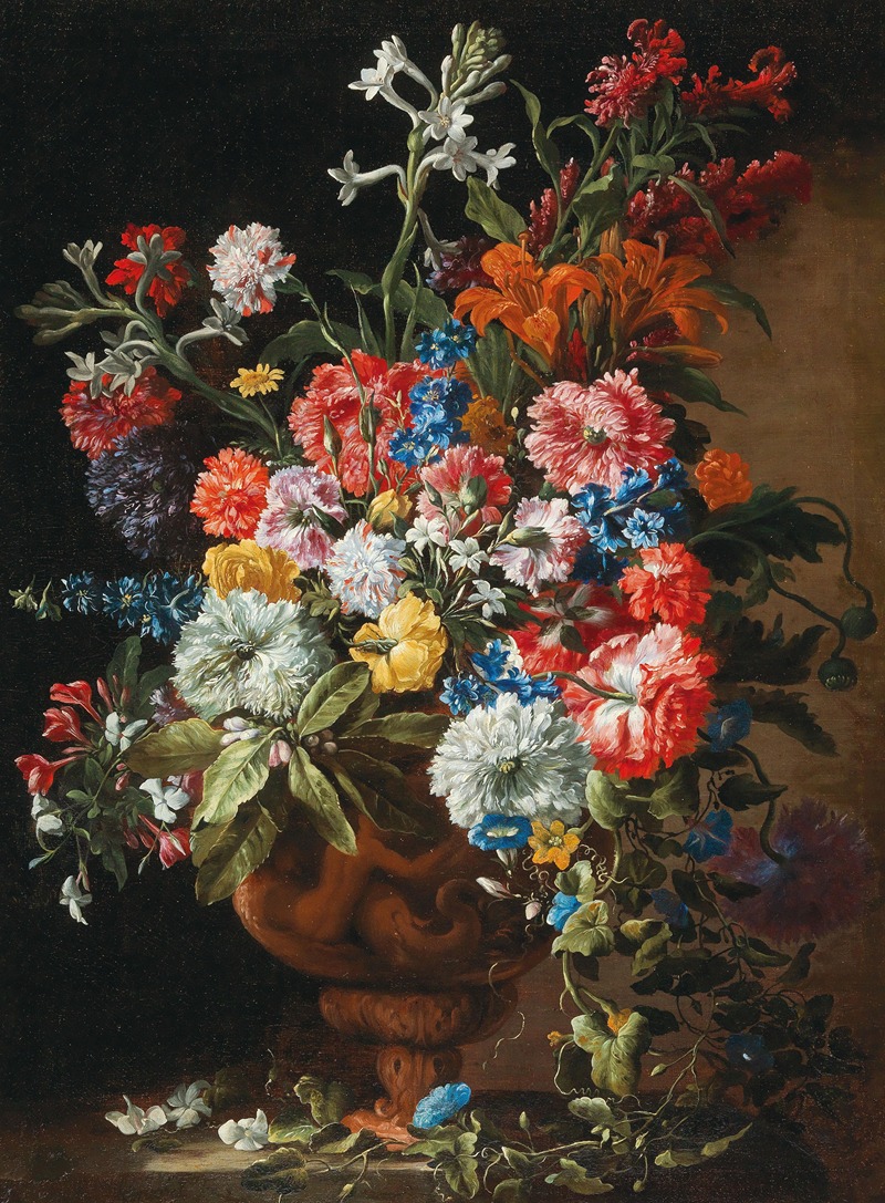 Abraham Brueghel - Carnations, lillies, nigellas and other flowers in a decorative terracotta vase on a stone ledge