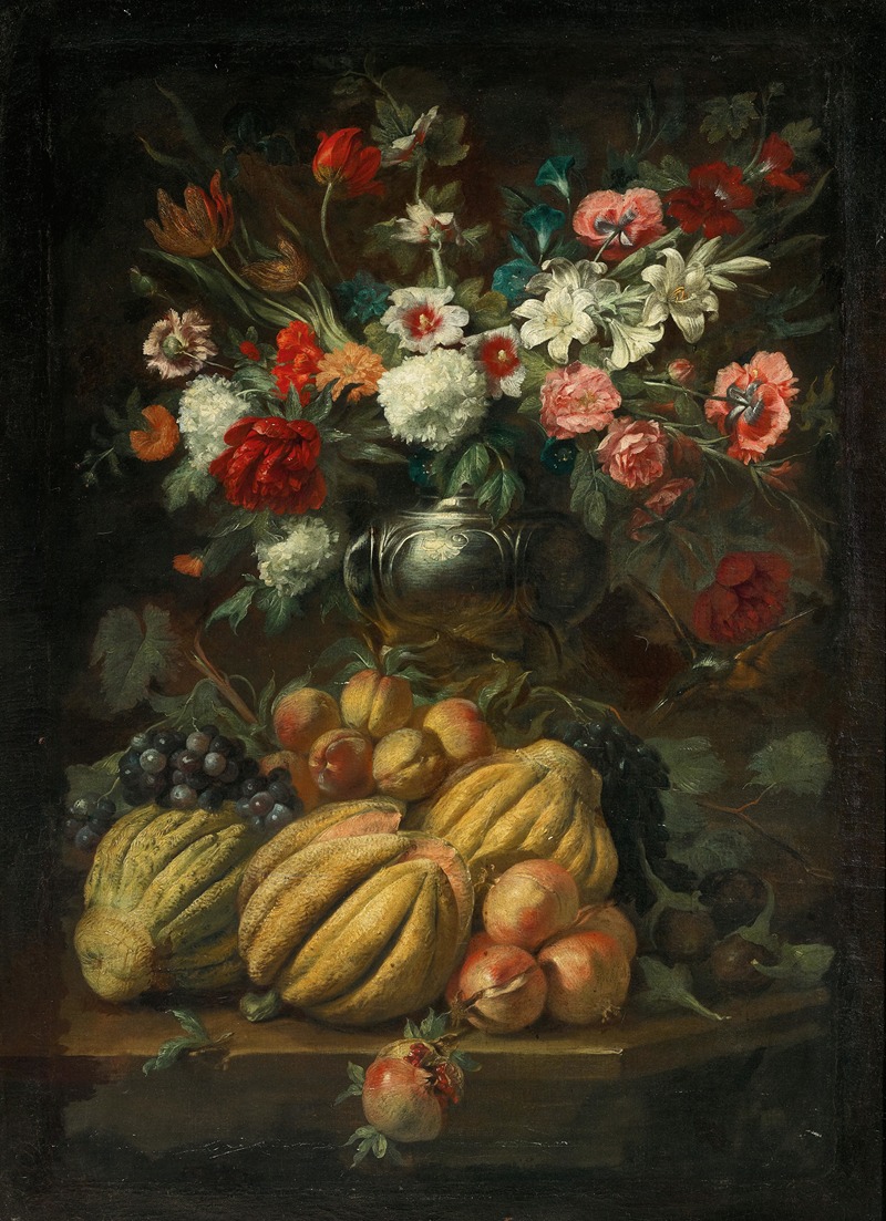 Abraham Brueghel - Flowers in a vase and fruit on a table
