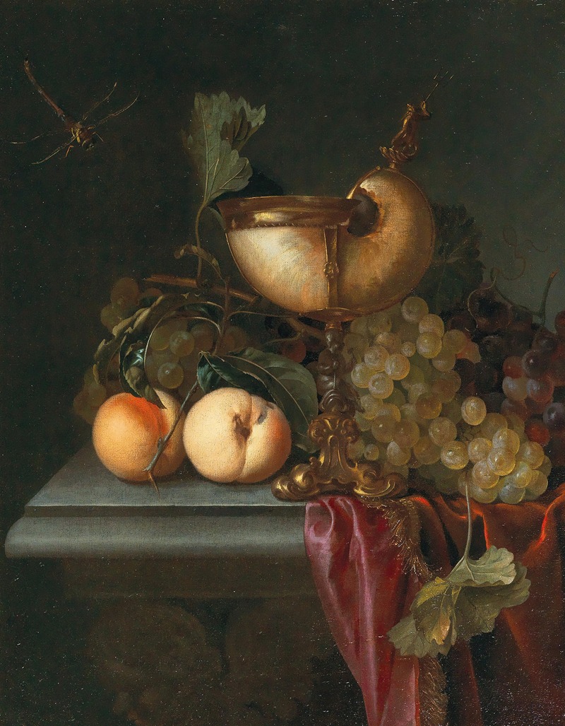 Abraham de Lust - Still life with a Nautilus cup, grapes and peaches