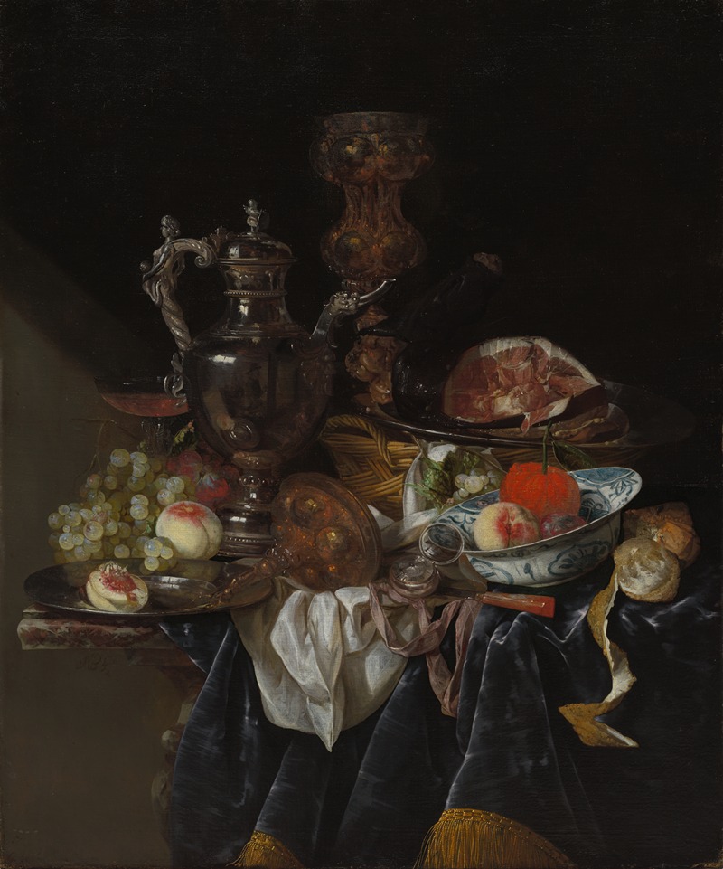 Abraham van Beyeren - Silver Wine Jug, Ham, and Fruit