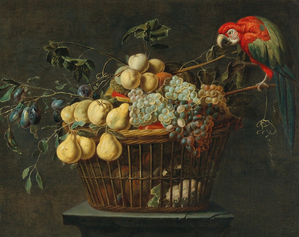 Adriaen van Utrecht - Still life of a basket of fruit with a parrot