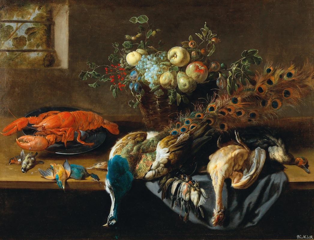 Adriaen van Utrecht - A still life with a peacock, fruit, a lobster and bird