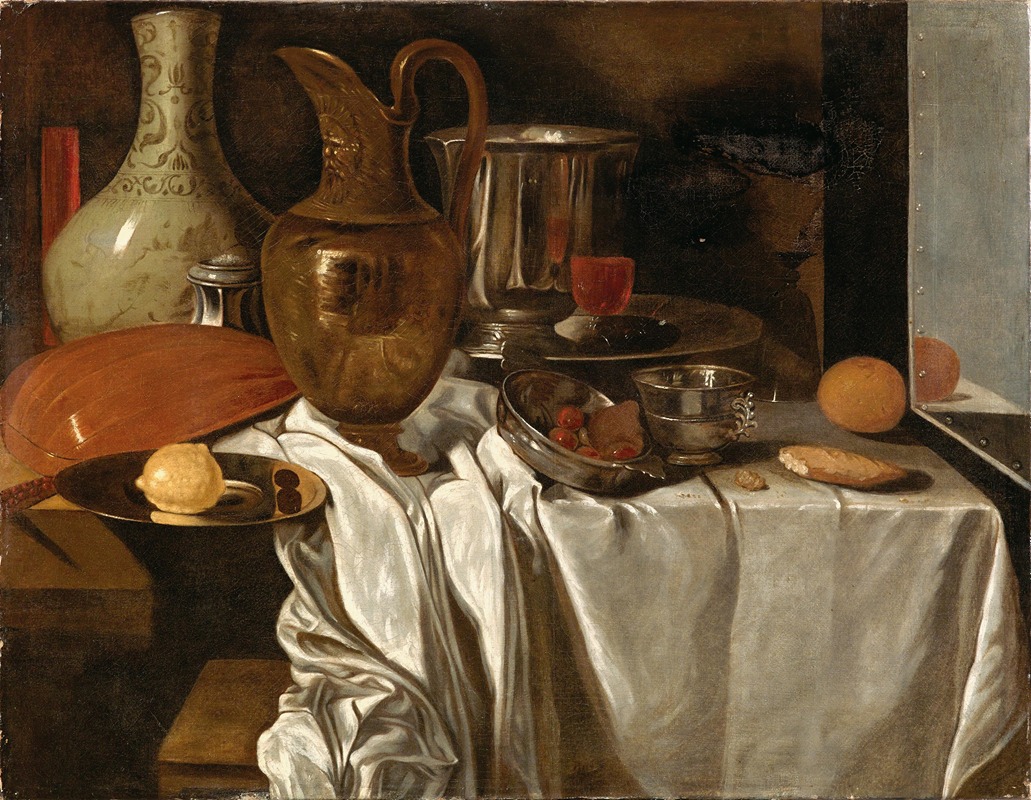 Andrè Bouys - Still life with a jug, a tray with a lemon, a lute, a ceramic vessel and other objects on a table