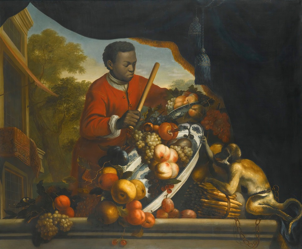 Anglo-Dutch School - A Still Life With A Monkey Upsetting A Bowl Of Fruit