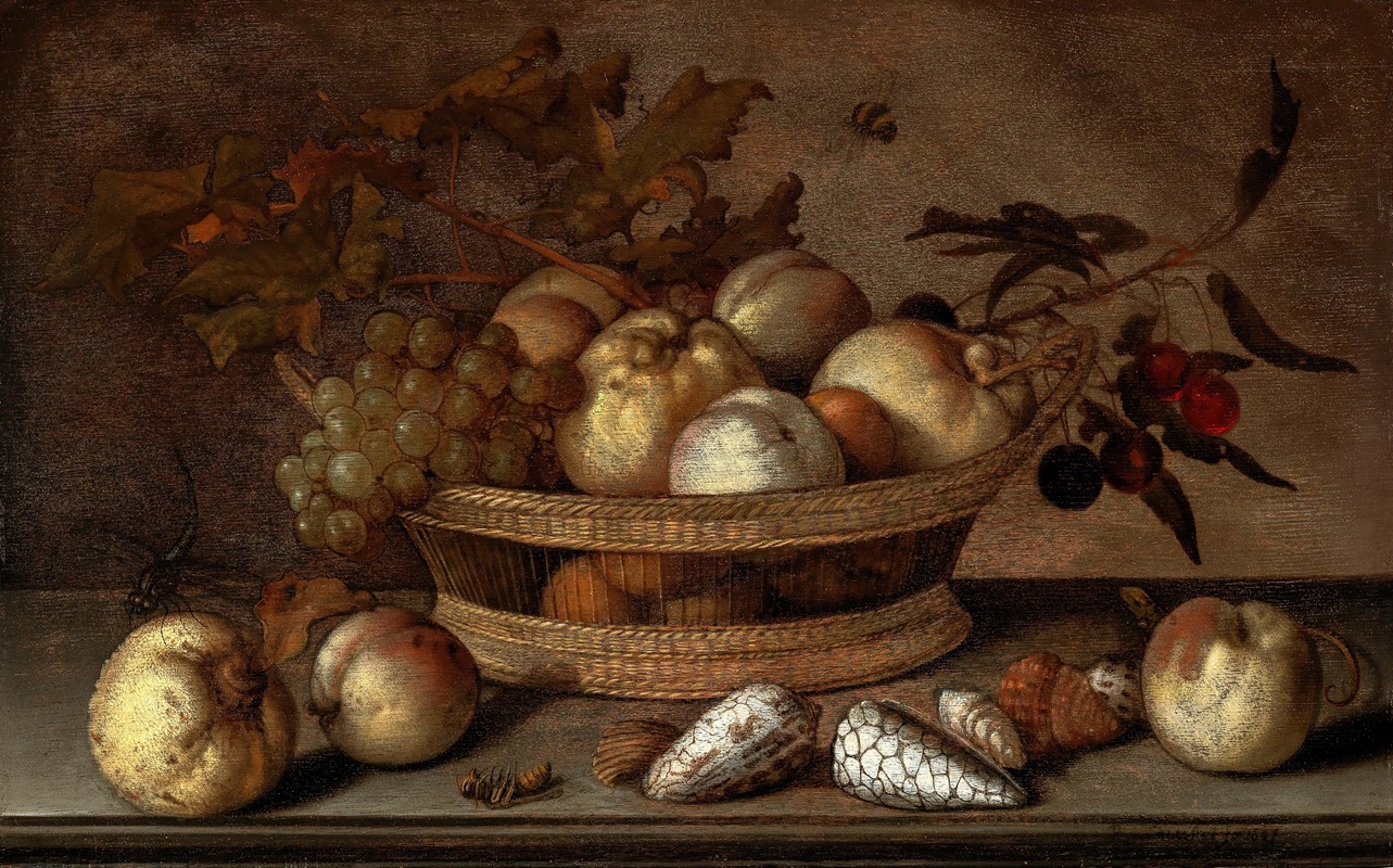 Balthasar van der Ast - A basket with cherries, apples, peaches and a bunch of grapes, surrounded by apples, peaches, shells, bees and a dragonfly