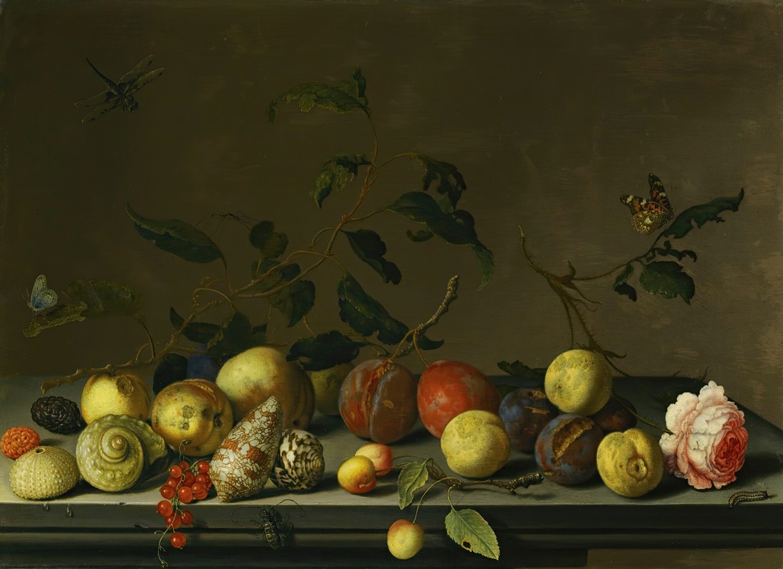 Balthasar van der Ast - A Still Life Of Fruit And Shells With A Rose And Various Insects Upon A Stone Ledge