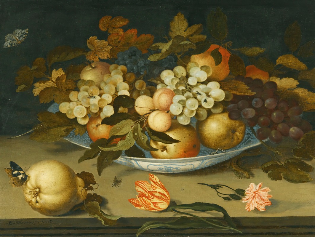 Balthasar van der Ast - A Still Life With A Delft Bowl Containing Fruit, On A Ledge With Flowers, Insects And A Lizard