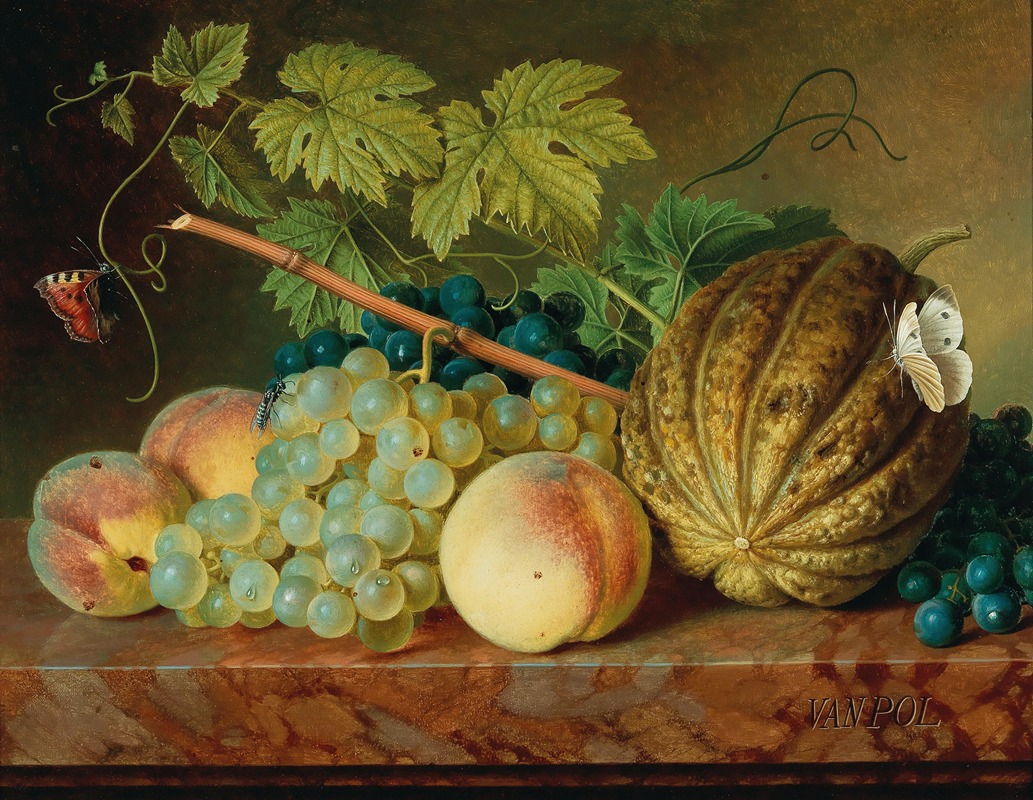 Christiaen van Pol - Fruit still life with a wasp and butterflies