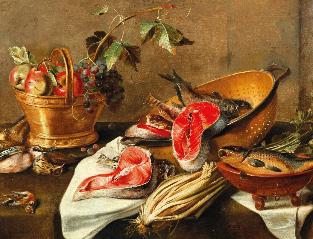Circle of Frans Ykens - Still life with fruit in a copper vessel, fish and game