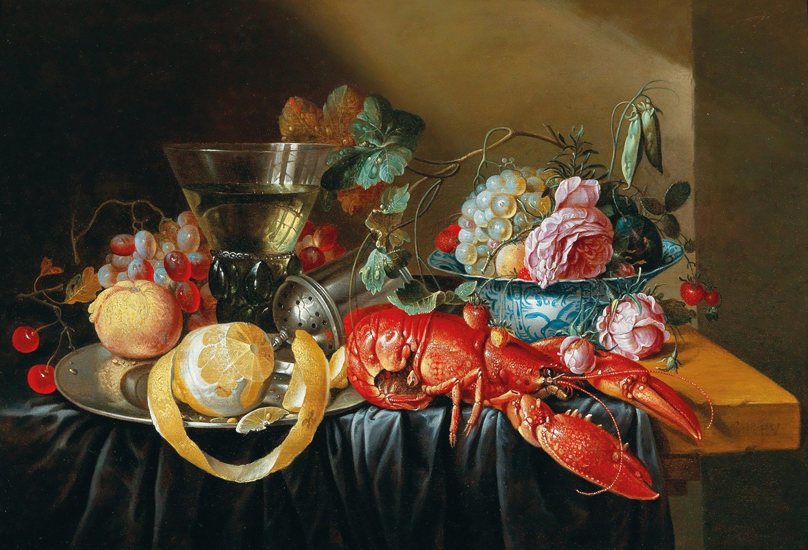 Cornelis Mahu - A still life with fruit and a boiled lobster