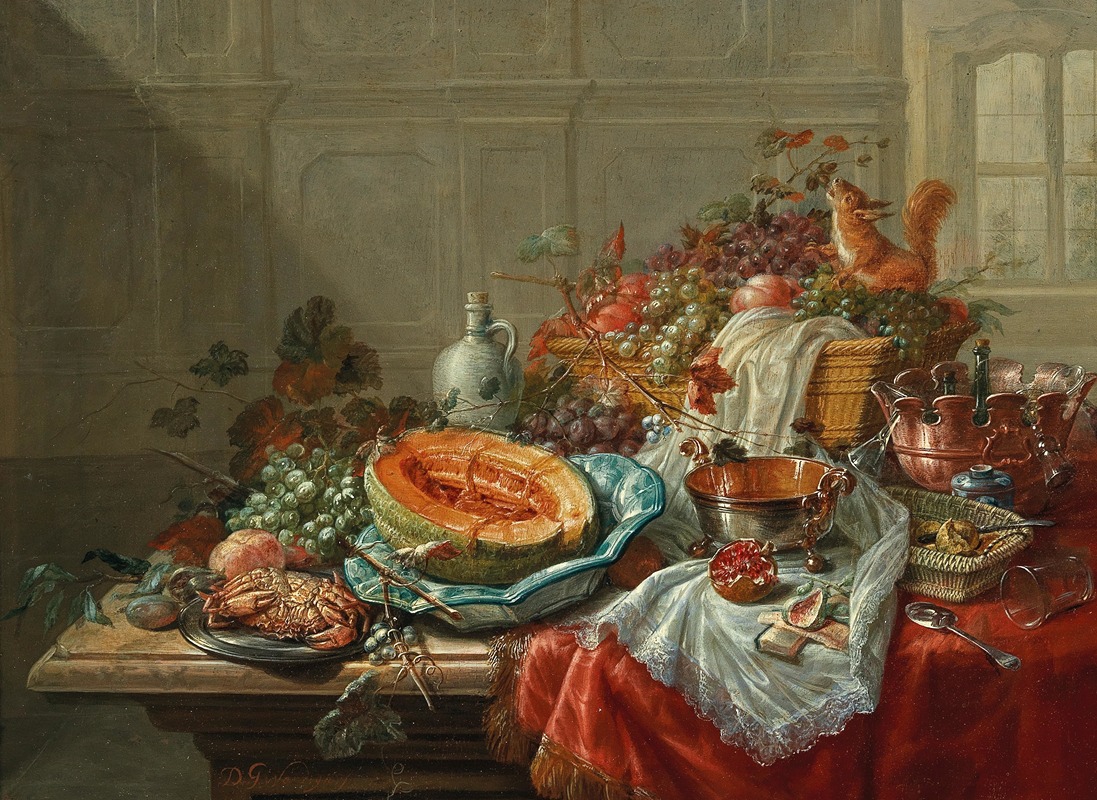 Dominicus Gottfried Waerdigh - Porcelain, silver objects, fruit and shellfish on a table