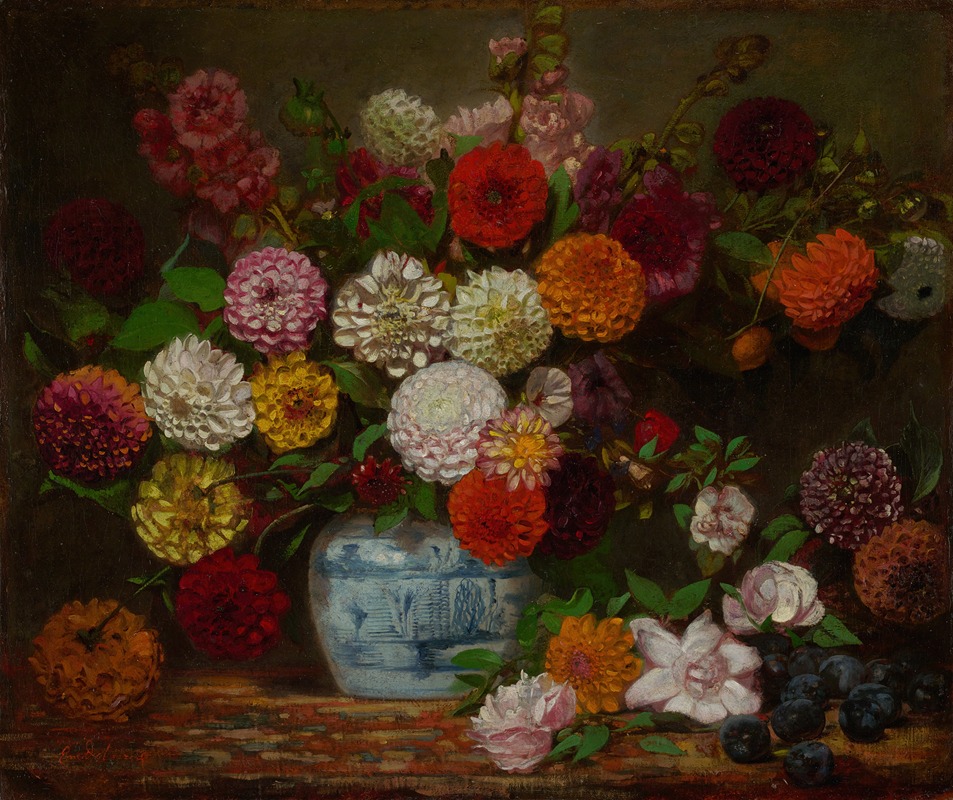 Eugène Delacroix - Still Life with Dahlias, Zinnias, Hollyhocks and Plums