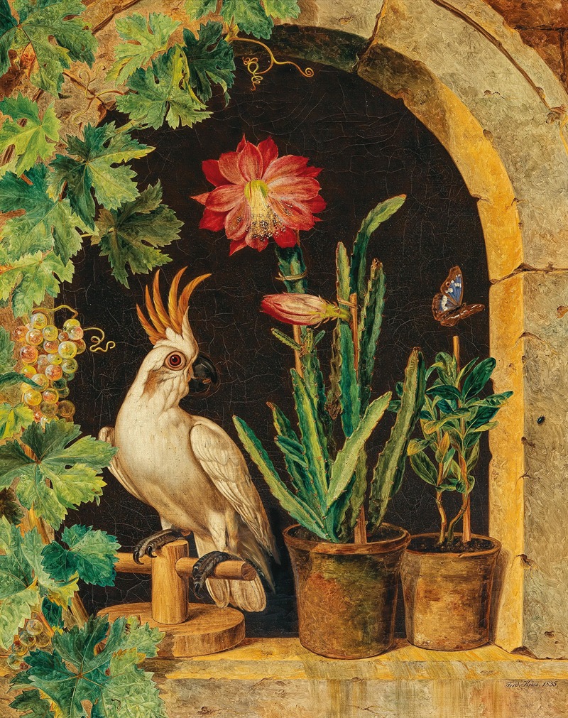 Ferdinand Küss - A Cockatoo at the Window with Blooming Cactus and Butterfly