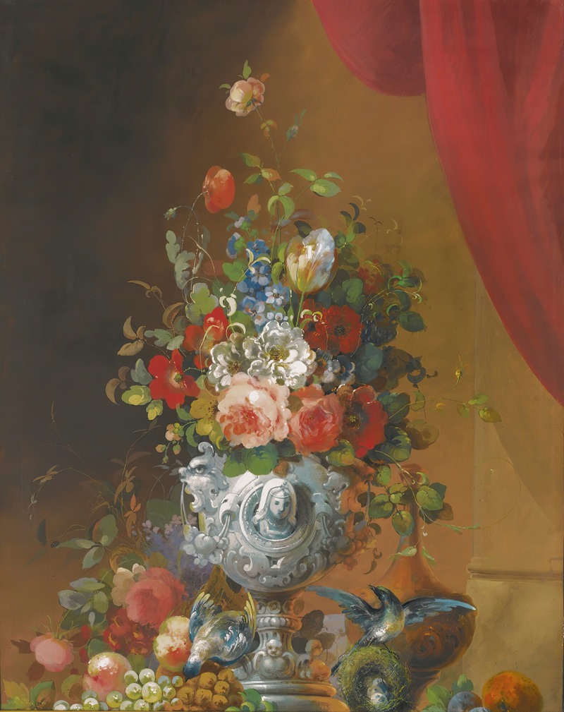 Follower of Anne Vallayer-Coster - Still Life With Flowers In An Urn, Birds And Fruit On A Ledge Below