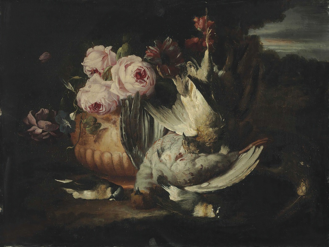 Franz Werner von Tamm - Flowers in a terracotta vase with dead game