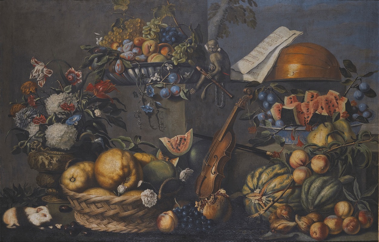 French School - A Still Life With Various Fruits In A Basket And On A Ledge, Flowers In A Vase, Musical Instruments And A Monkey With A Flute