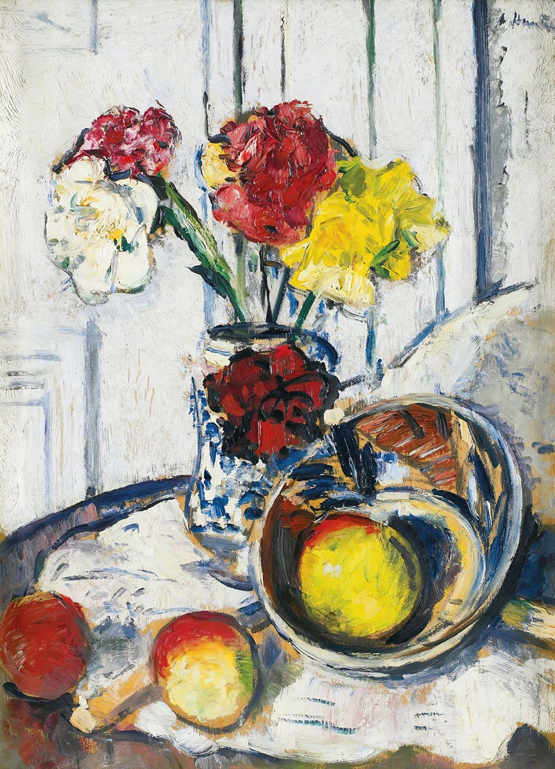 George Leslie Hunter - Still Life Of Apples And Flowers In A Blue Vase