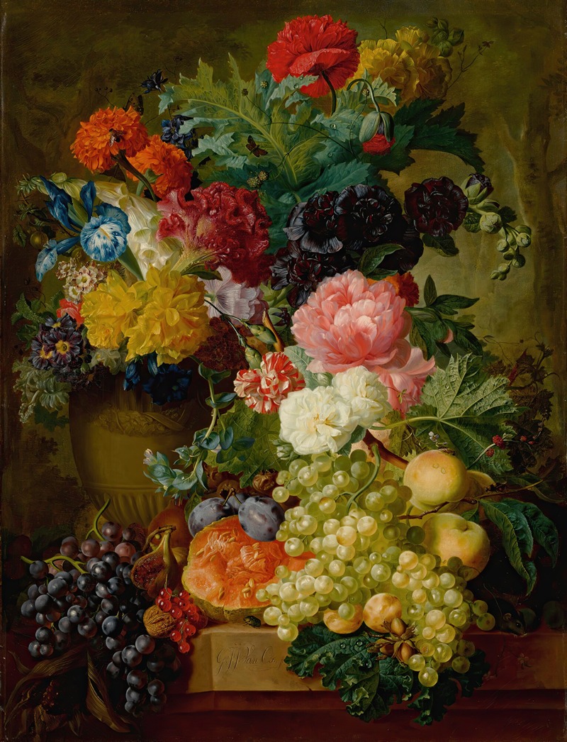 Georgius Jacobus Johannes van Os - Elaborate Still Life Of Flowers And Fruit Resting On A Stone Ledge, A Wooded Landscape Beyond