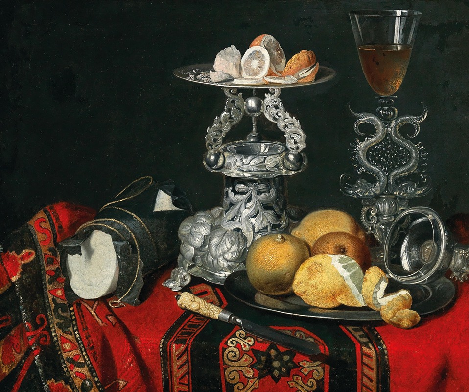 German School - A still life with a Venetian glass, a silver vessel and lemons