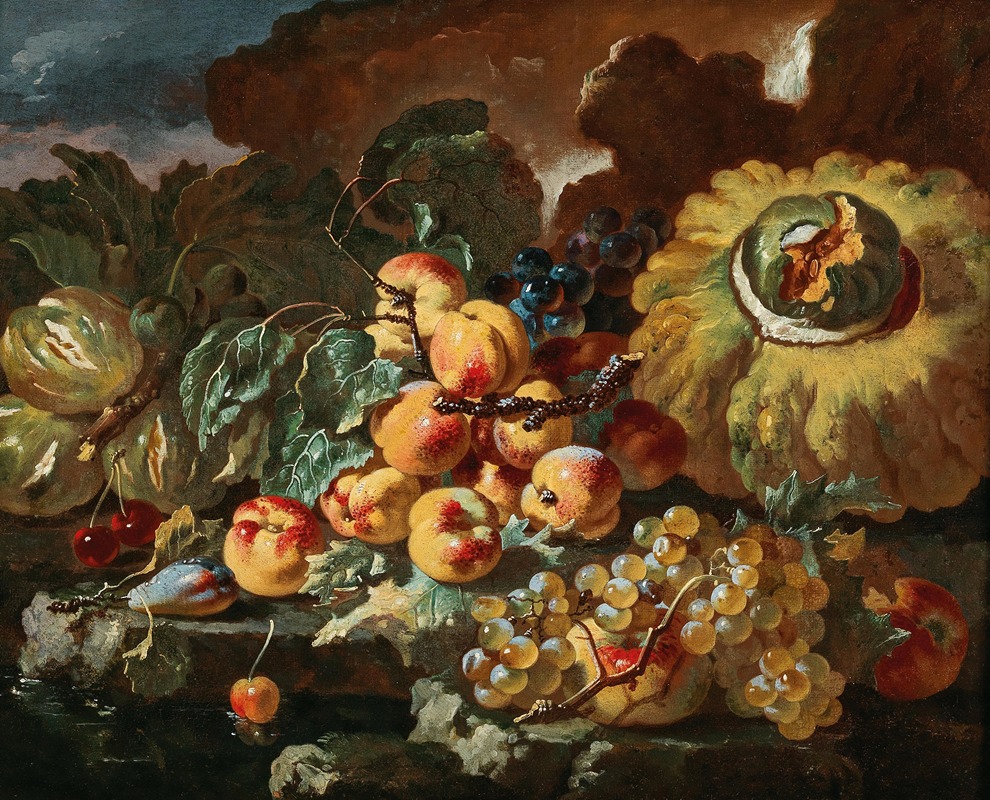 Giovanni Paolo Castelli - Peaches, apples, plums and cherries by a pumpkin, on a stone ledge