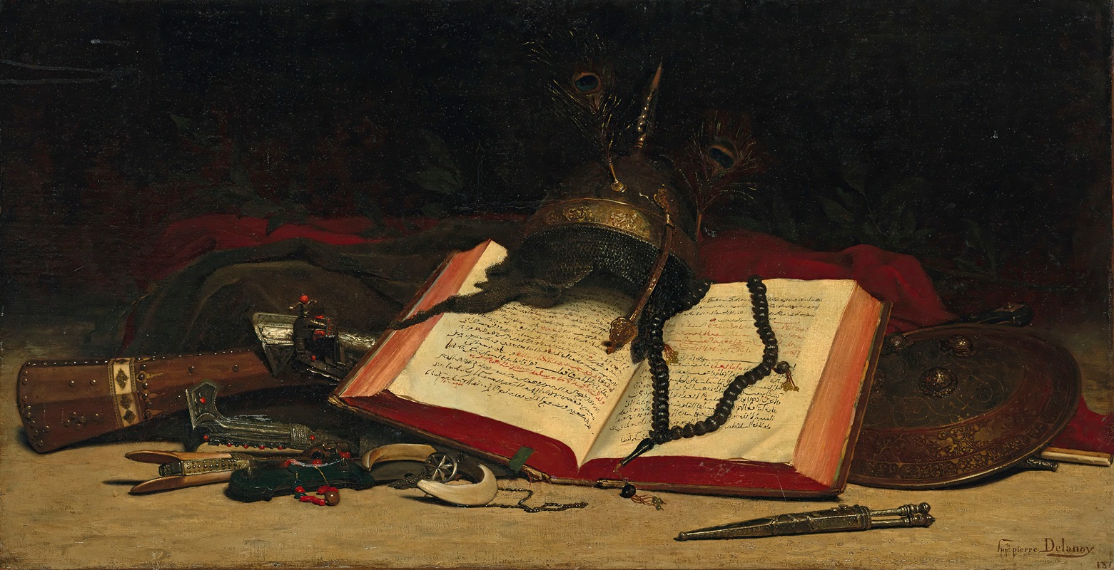 Hippolyte Pierre Delanoy - Orientalist still life with a Koran