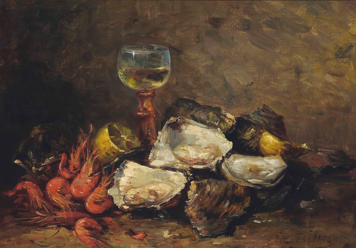 Hubert Bellis - Oysters and prawns with a glass of wine