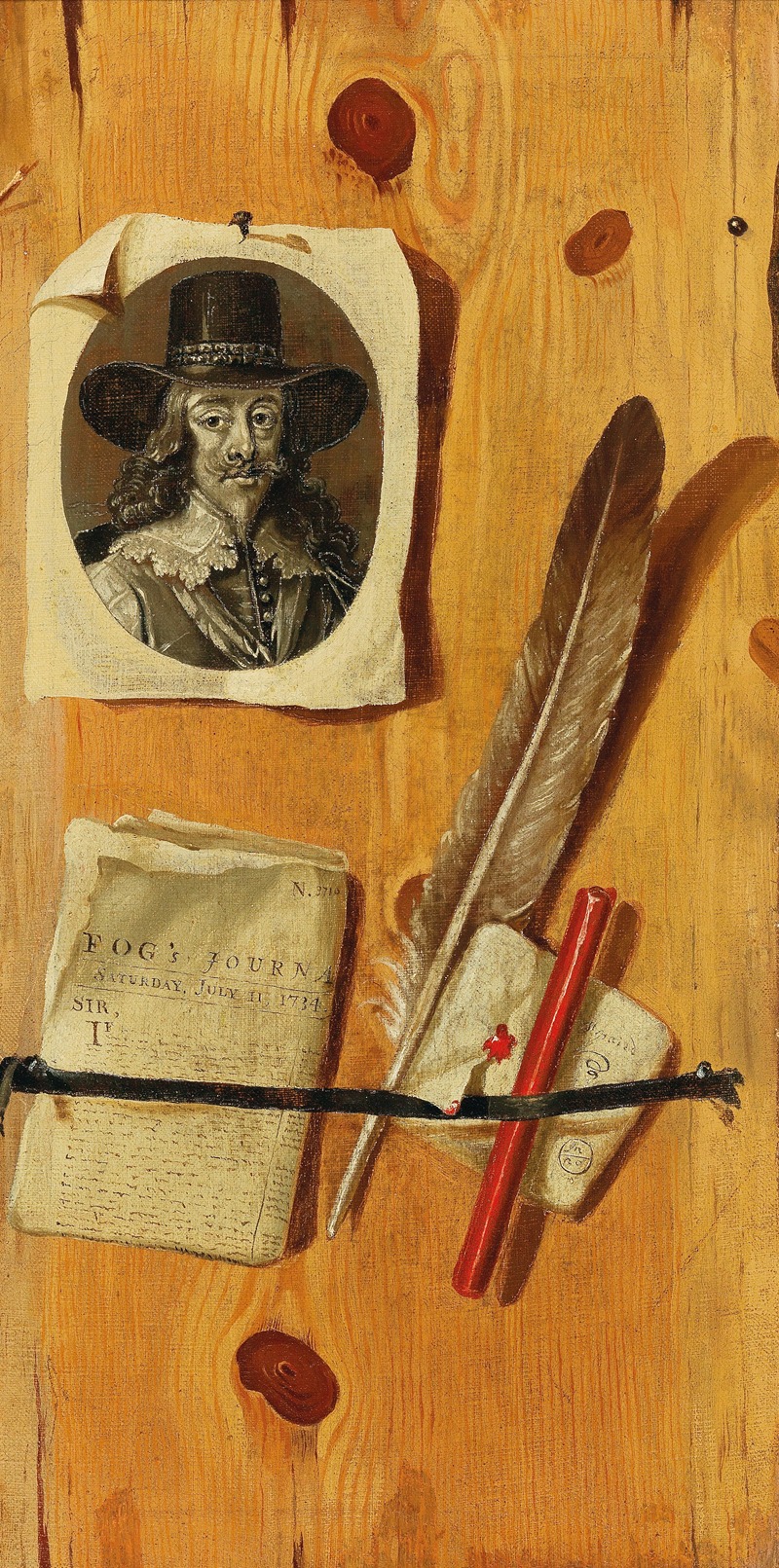Jacobus Plasschaert - A trompe-l’oeil painting with an engraved portrait of King Charles I, an issue of Fog’s Journal, dated 1734, a quill pen and sealing wax, held against a wooden backboard