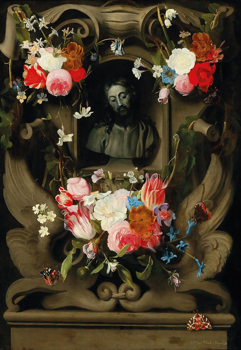 Jan Philips van Thielen - A garland of flowers surrounding a cartouche with a bust of Christ