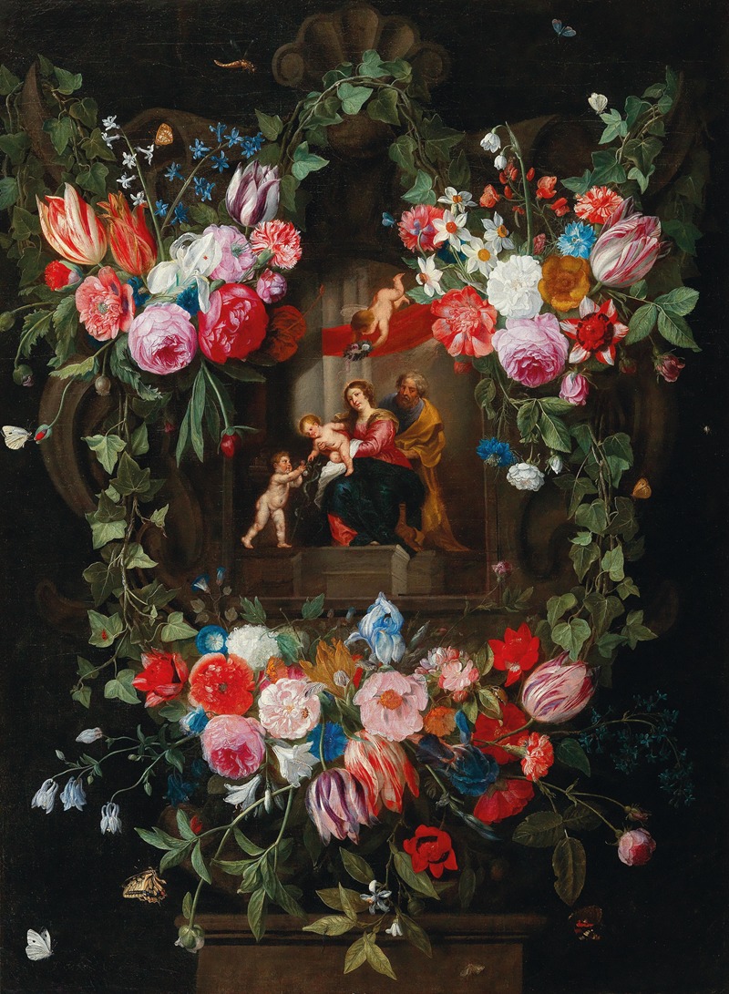 Jan Van Kessel The Elder - A wreath of flowers surrounding a cartouche with the Holy Family and putti