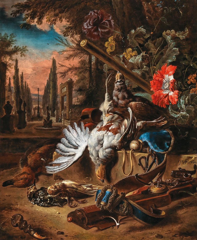 Jan Weenix - Partridges, songbirds, a duck, a gun and a quailwistle in a parkland landscape