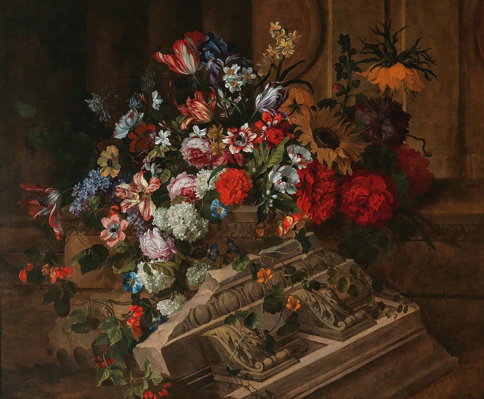 Jean-Baptiste Monnoyer - Flowers near a classical cornice on a terrace