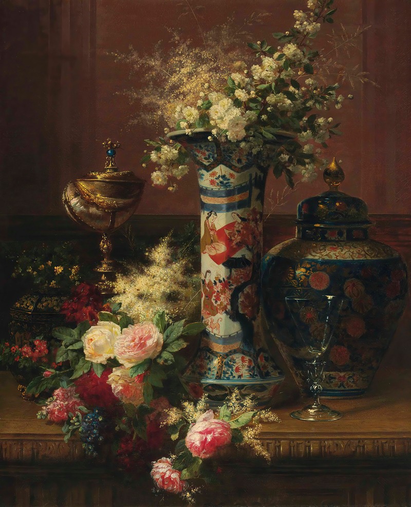 Jean-Baptiste Robie - Roses, Peonies and Forget-me-nots in a Japanese Vase