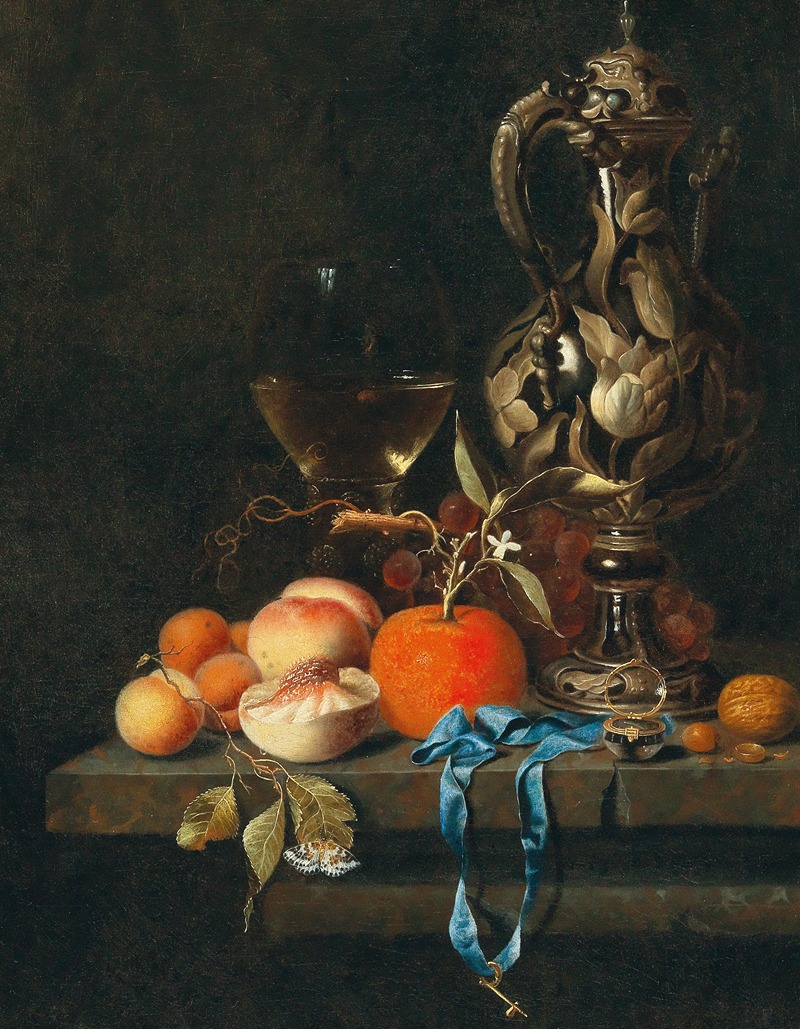 Johannes Borman - Apricots, peaches and other fruit with glass and a jug