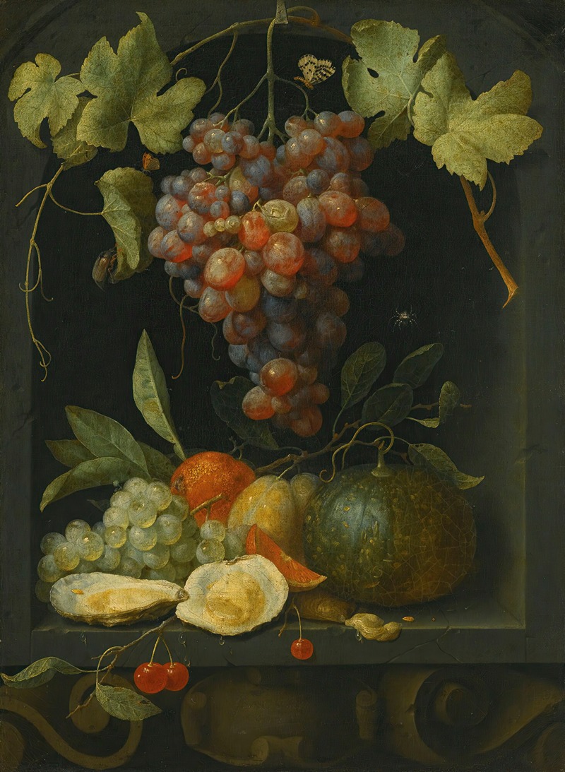 Joris van Son - Still life with grapes a melon an orange plums and oysters in a stone niche