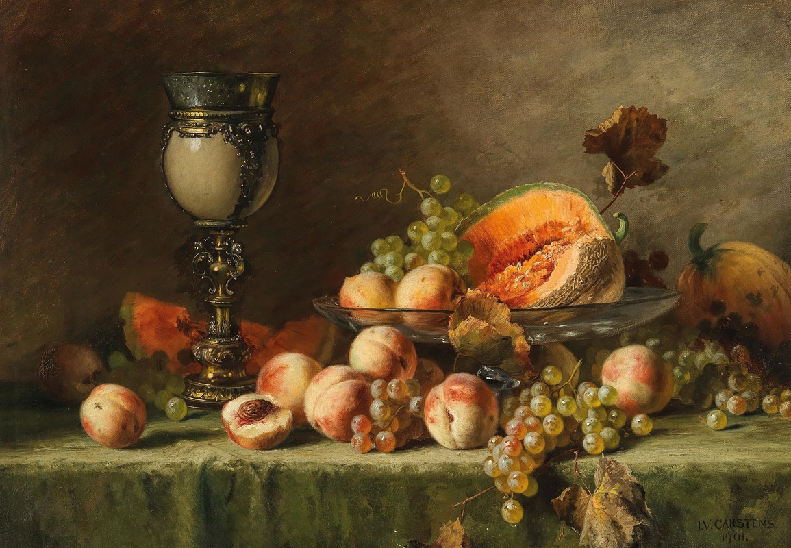 Julius Victor Carstens - A Still Life with Peach, Grapes and Pumpkin